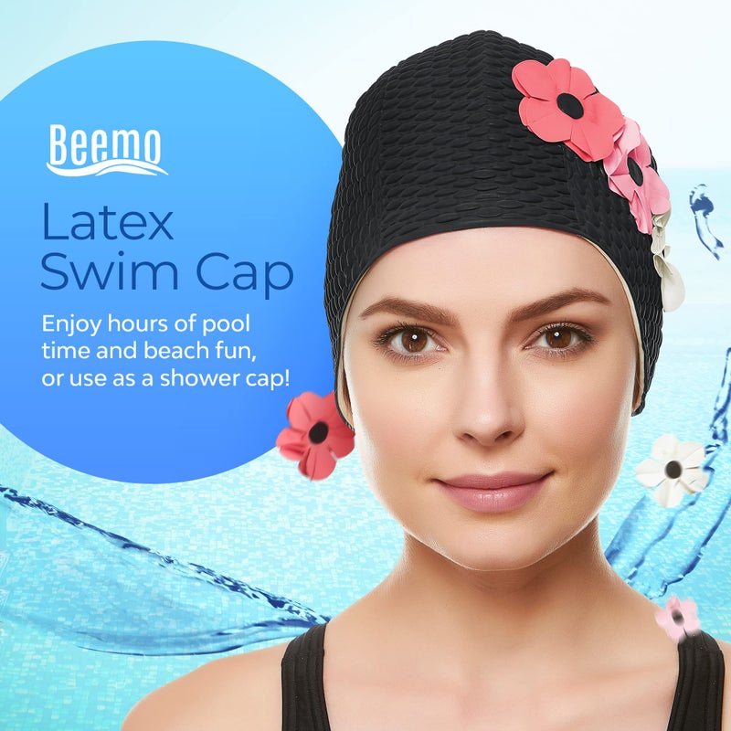 Beemo Latex Swimming Cap for Women, Swim Cap for Long Hair or Short Hair, Bath & Swim Caps to Shield Hair from Damage, Use as Large Shower Cap, Black Swimming Cap with Pink & White Flowers - Image 2